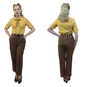 1950s Pants: Cigarette, Capri, Jeans Fashion History Lily-Mae Western Slacks Brown AT vintagedancer.com