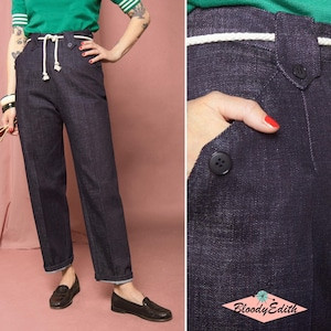 1950s Pants: Cigarette, Capri, Jeans Fashion History Vintage 1940s 1950s Style Blue Denim Cotton “Peggy” Trousers Pants - size XSSMLXL AT vintagedancer.com
