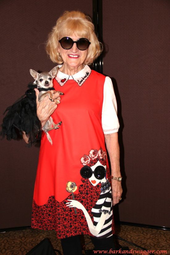 Linda Higgins rocks a pop culture-inspired dress for International Night with her Chi, Lucy, showcasing her dedication to fur rescue fashion and ethical design.