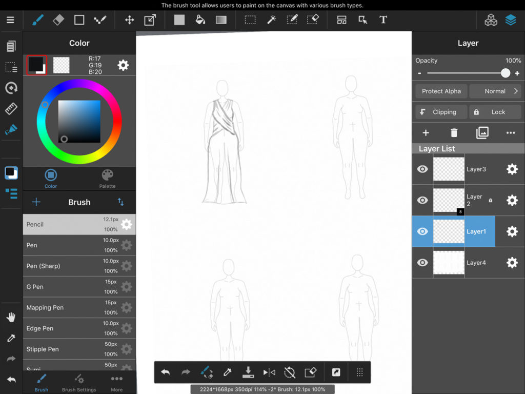 Display of fashion sketches and the layers, color, and brush panels of Medibang Paint
