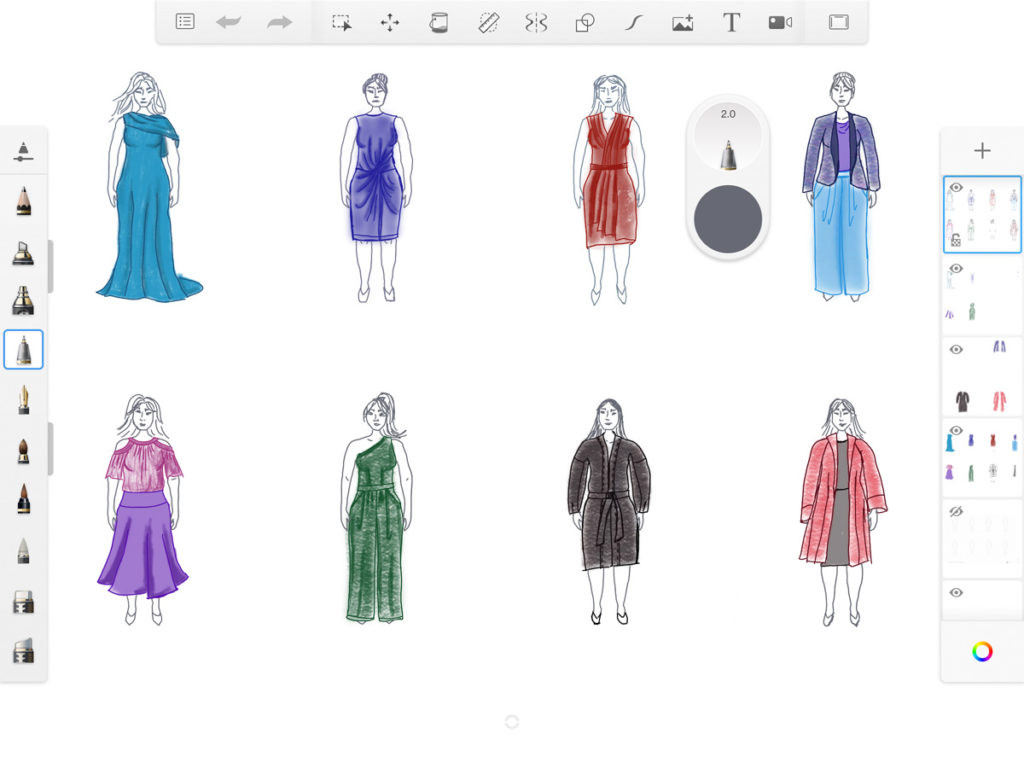 Examples of sketches and functional side panels displayed in Autodesk Sketchbook