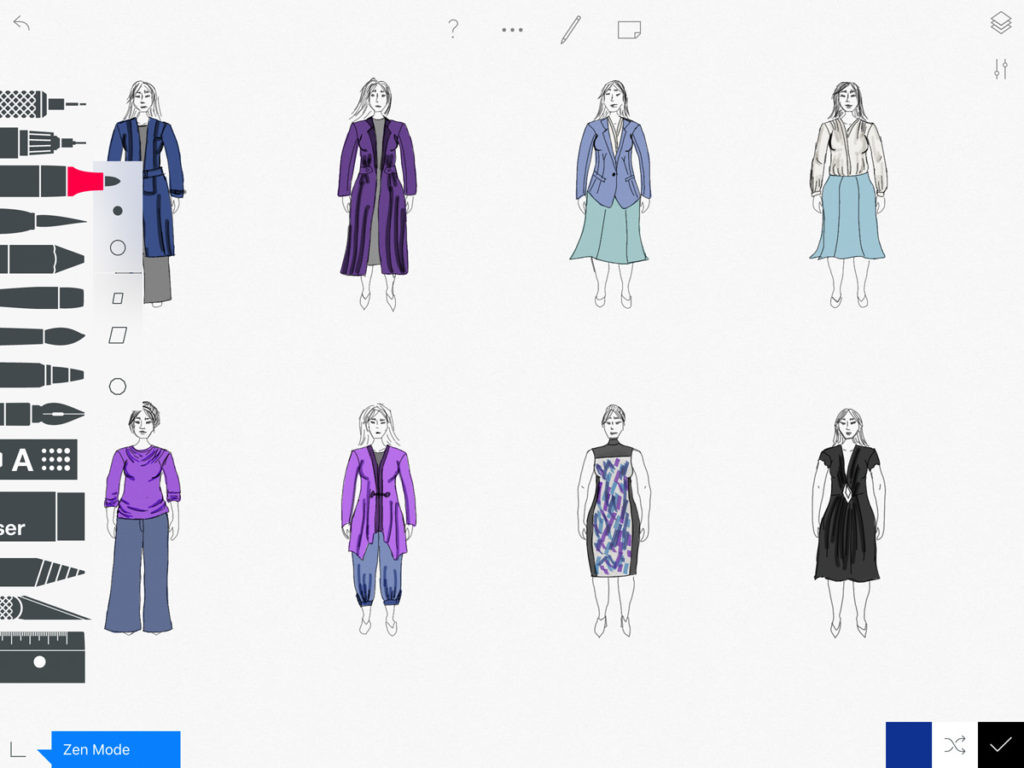 A display fashion sketches and the various accessible tools on the Tayasui Sketches interface
