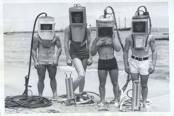Beauve's diving suit, an early prototype from 1715 featuring a metal helmet and breathing hoses