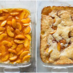 Close-up of a freshly baked canned peach cobbler in a baking dish, showing the golden-brown crust and bubbly peach filling.