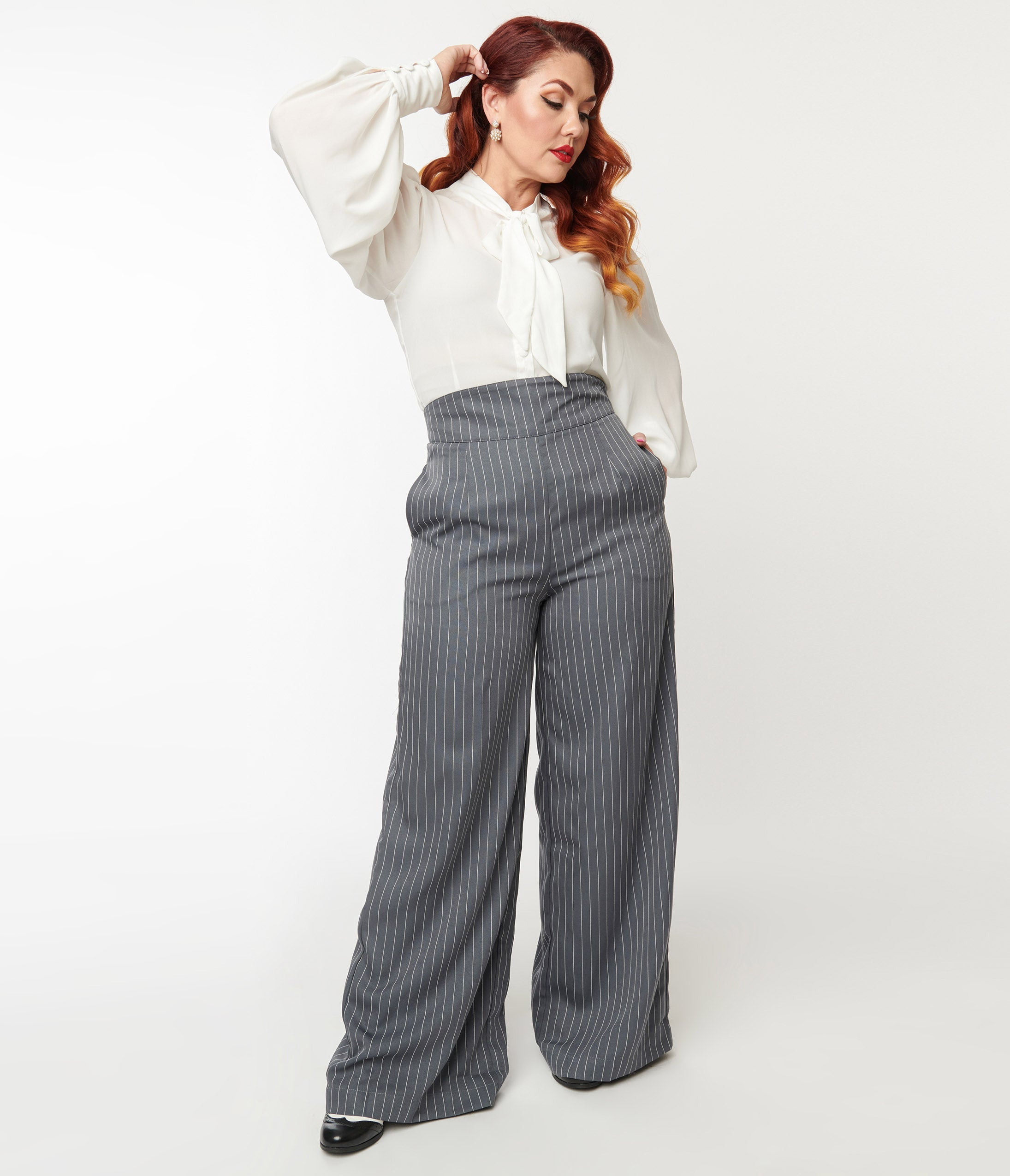 1950s Pants: Cigarette, Capri, Jeans Fashion History Unique Vintage 1940S Grey Pinstripe High Waist Pants .00 AT vintagedancer.com