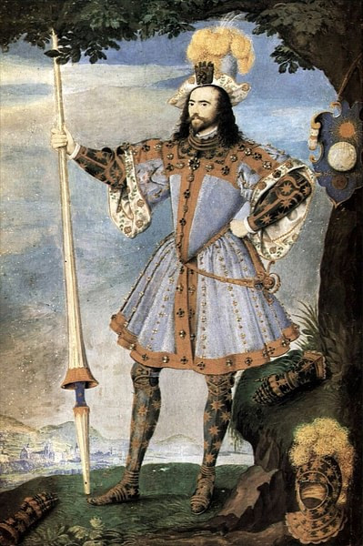 George Clifford, Earl of Cumberland in Elizabethan attire, showcasing a doublet with decorative pickadills