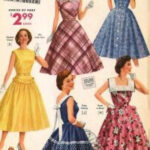 A 1950s housewife in a floral print dress, showcasing the era's signature silhouette.