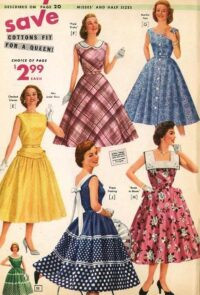 A 1950s housewife in a floral print dress, showcasing the era's signature silhouette.