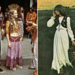 Man wearing seventies hippie fashion with bell-bottoms and a tie-dye shirt