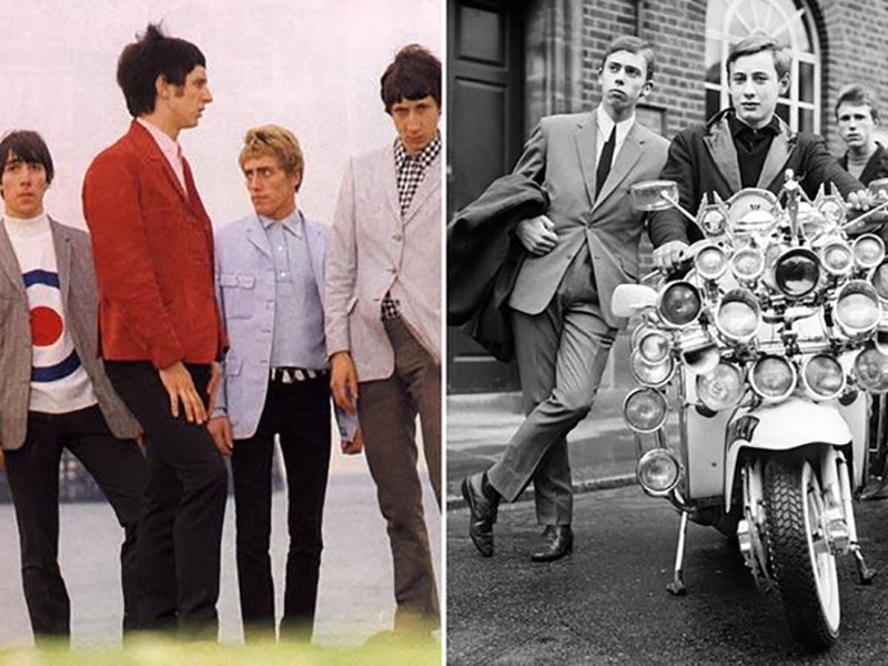 A group of young men dressed in classic mod style, featuring sharp suits, slim ties, and Chelsea boots, capturing the essence of 1960s Mod fashion and its impact on menswear.