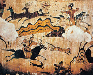 Painting depicting a hunting scene with men wearing hanbok