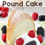 Close-up of a slice of cream cheese pound cake on a plate, showcasing its dense and moist texture