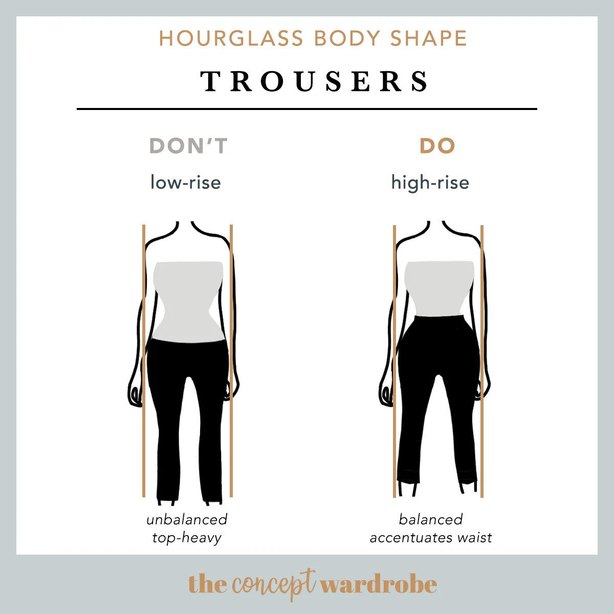 Man wearing mid-waisted wide-legged trousers, flattering an hourglass figure
