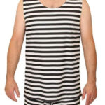 Men in early 1900s striped wool bathing suits, demonstrating full coverage and modesty