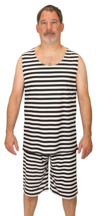 Men in early 1900s striped wool bathing suits, demonstrating full coverage and modesty