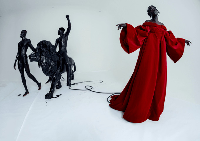 Efosa Uwubamwen, Taejahn Taylor & Alek Wek by Tim Walker, exemplifying his dreamily surreal aesthetic and psychedelic colors