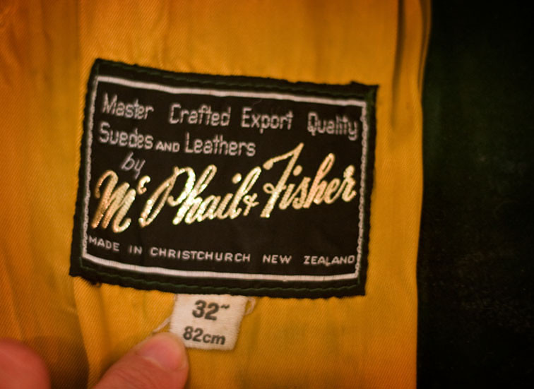 McPhail & Fisher vintage label on a green suede coat