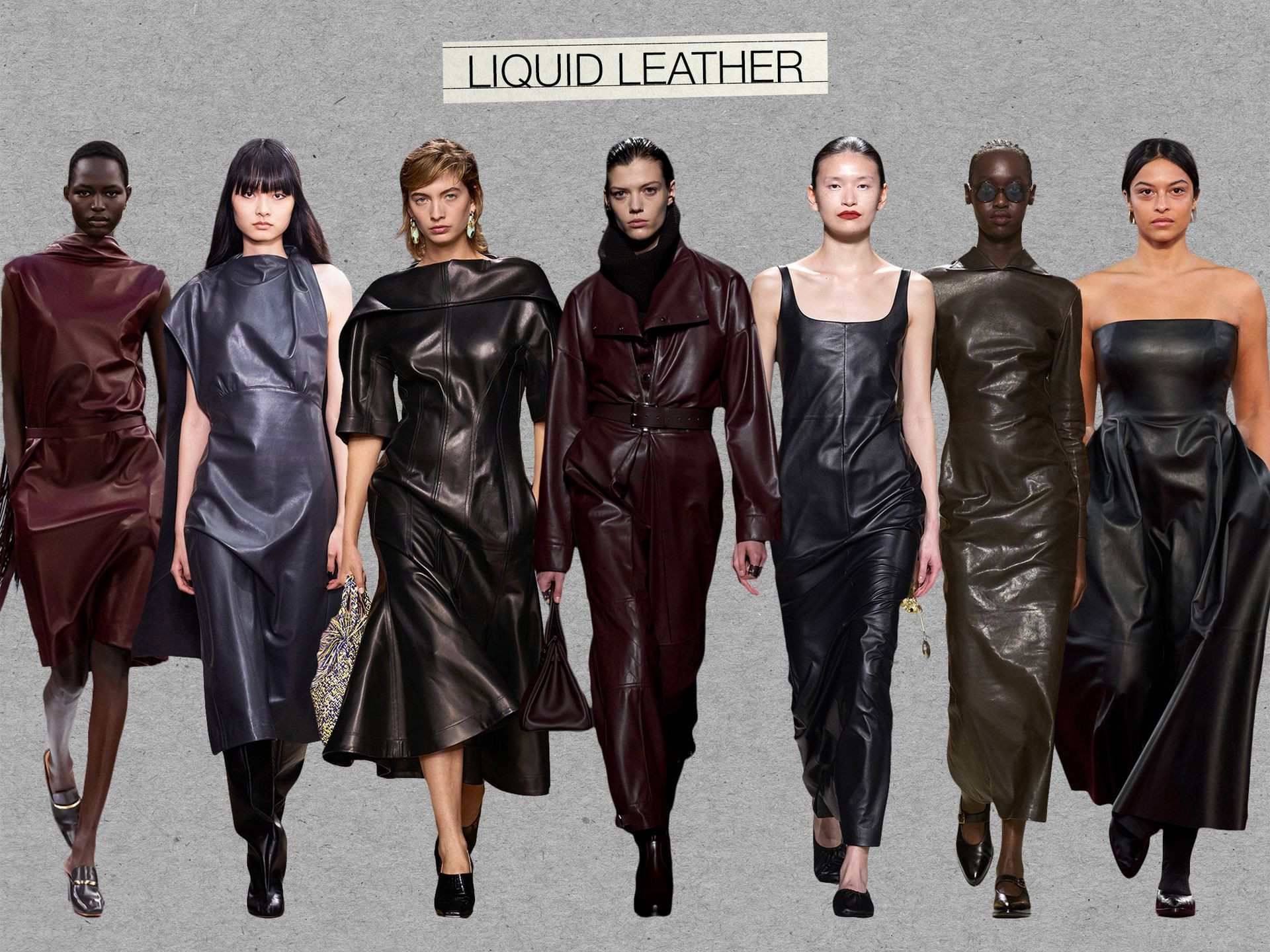 A collage of liquid leather outfits from the F/W 24 runways, including looks from Tod