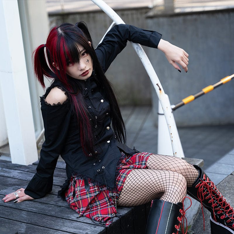 Punk model wearing a cold shoulder long sleeve button-up blouse, red plaid skirt, fishnet stockings, and platform boots, highlighting ACDC Rag's Harajuku-born "No Borders" concept.