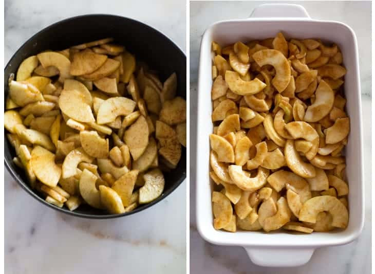 Close-up of sliced apples in a cinnamon sauce in a saucepan.