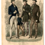 An 1852 fashion plate showing, from left to right, a tailcoat, frock coat, and morning coat, showcasing the slim silhouette of the early 1850s. Also, notice the plaid pants, a popular pattern of the time