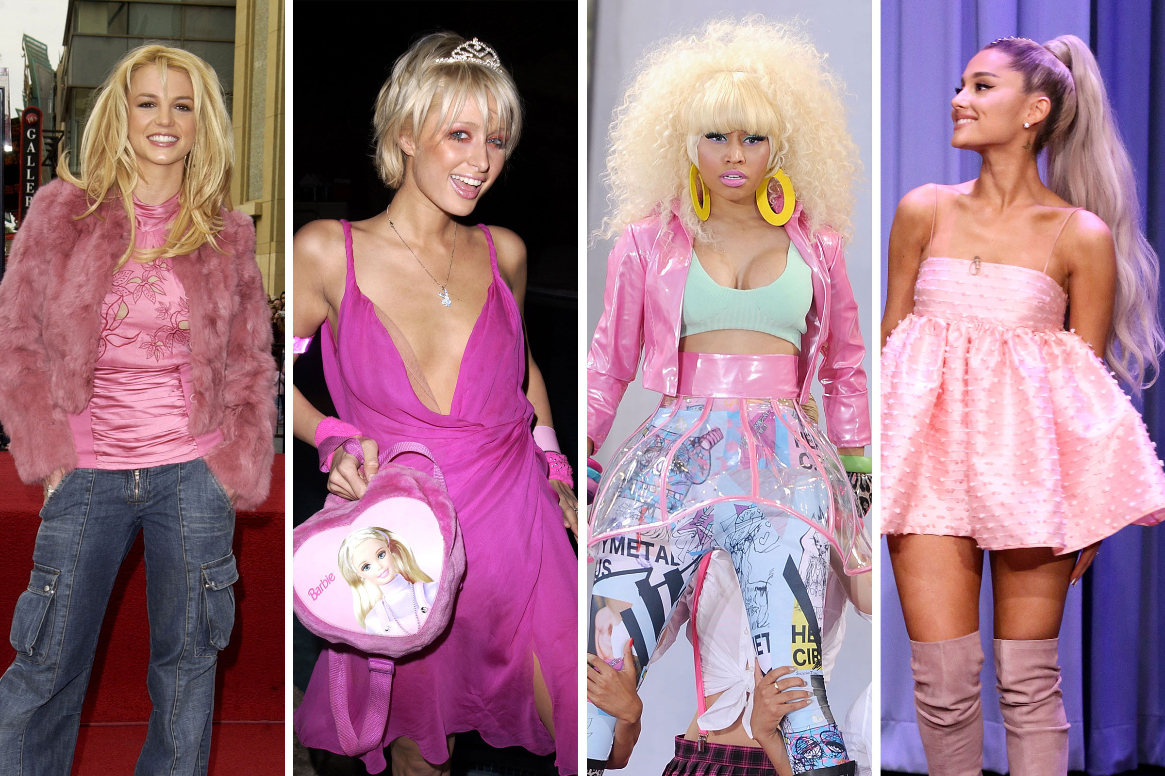 Britney Spears, Paris Hilton, Nicki Minaj and Ariana Grande all wearing barbie inspired outfits