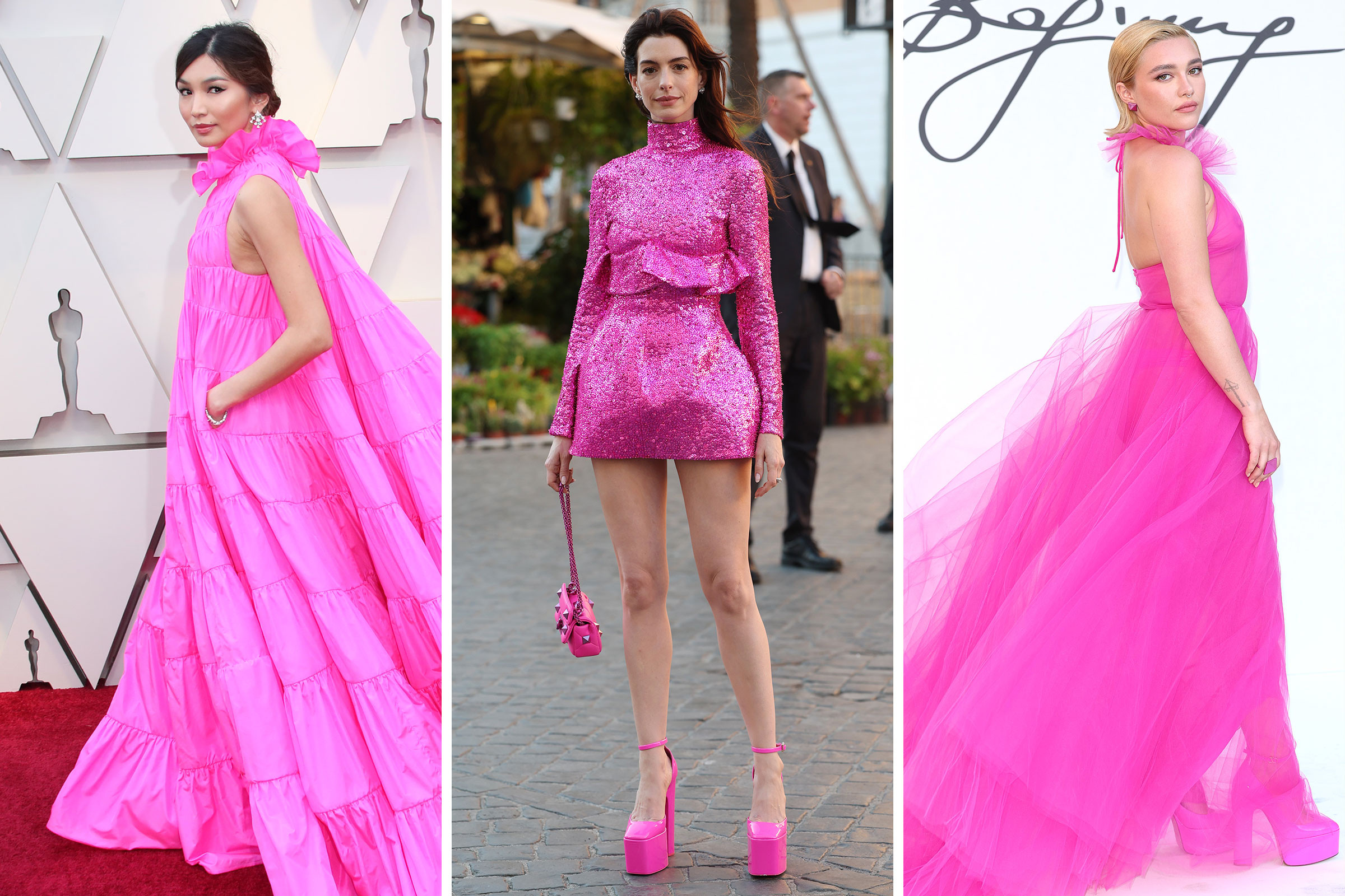 Anne Hathaway wearing hot pink outfits to events