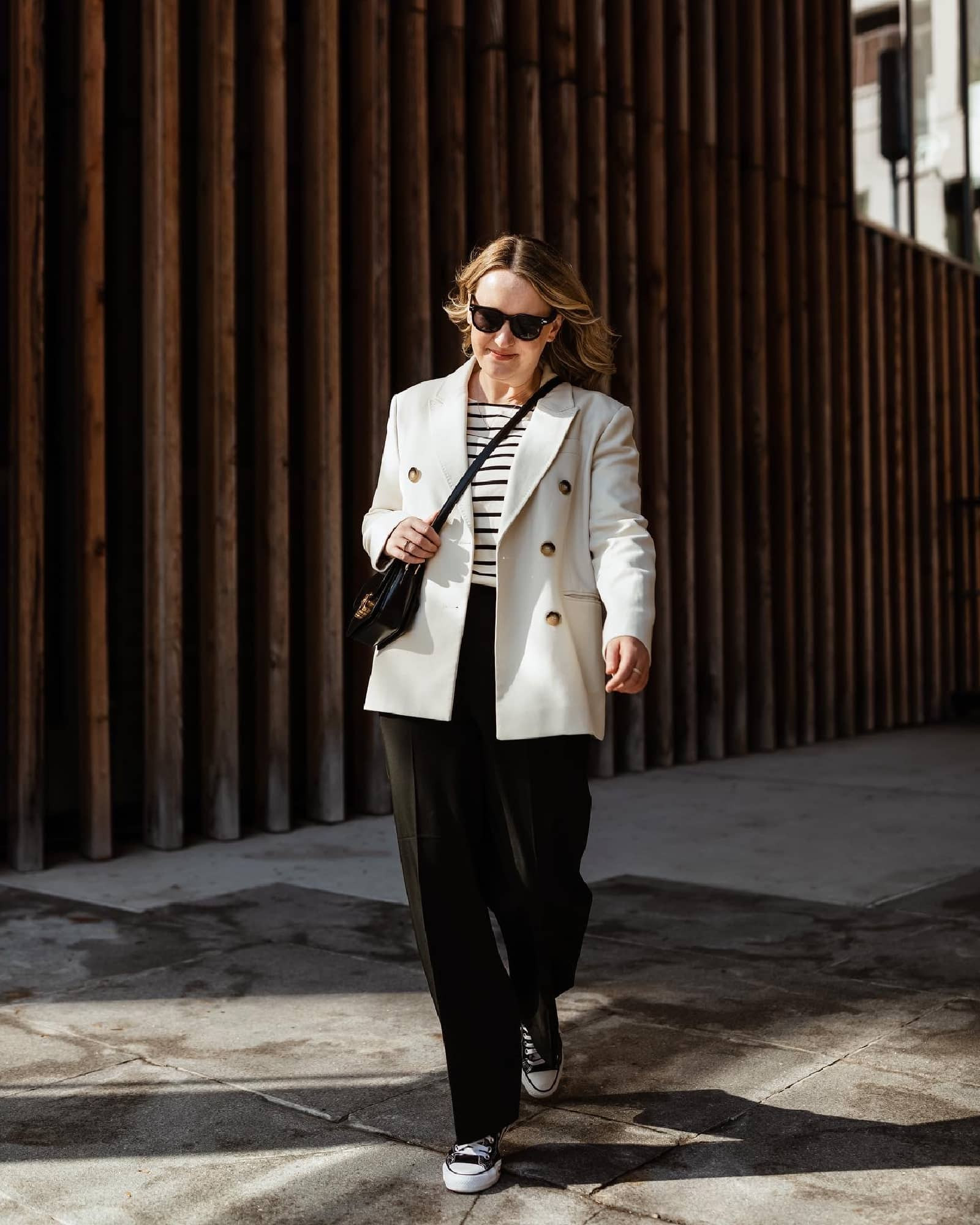 Bash Blazer + Striped Tee + Black Trousers and Converse - Winter Paris Outfit