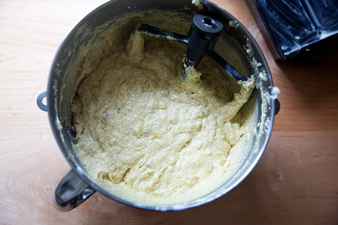 Creamed butter and sugar in a mixing bowl