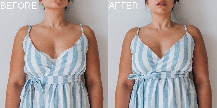 Fashion tape applied to a plunging neckline