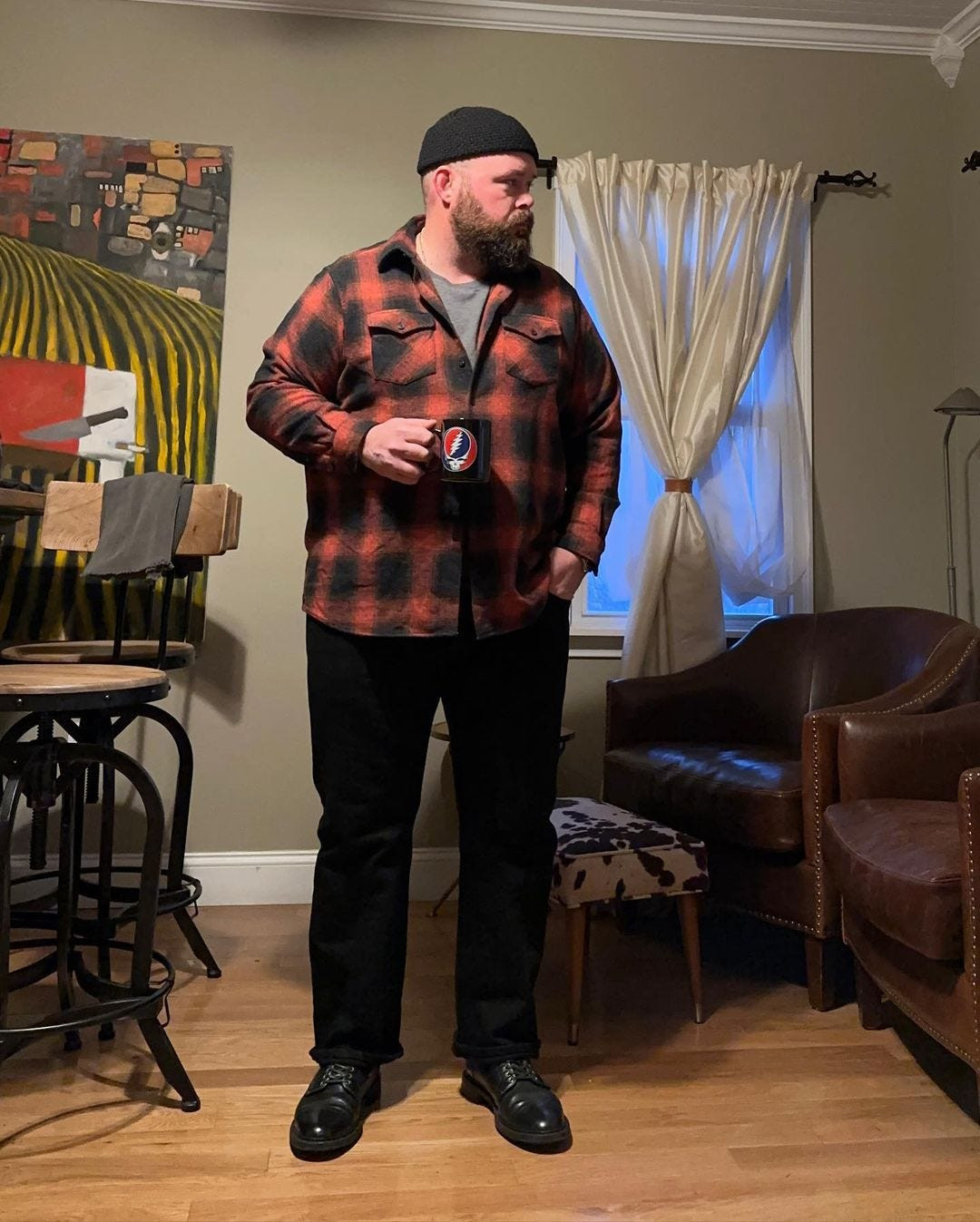 Cozy mens winter fashion with a patterned cardigan