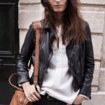 black leather jacket white blouse jeans french fashion street style