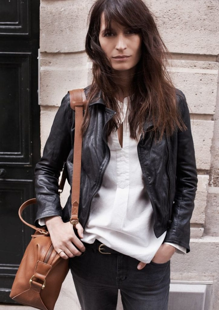 black leather jacket white blouse jeans french fashion street style