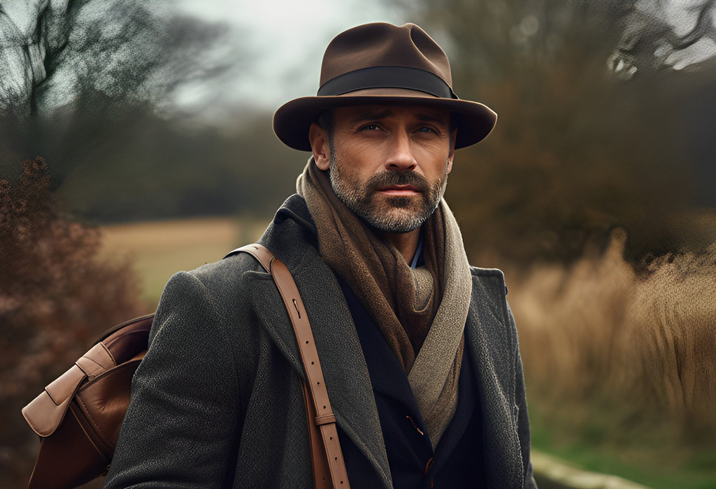 Man wearing a brown country style hat and carrying a brown leather bag