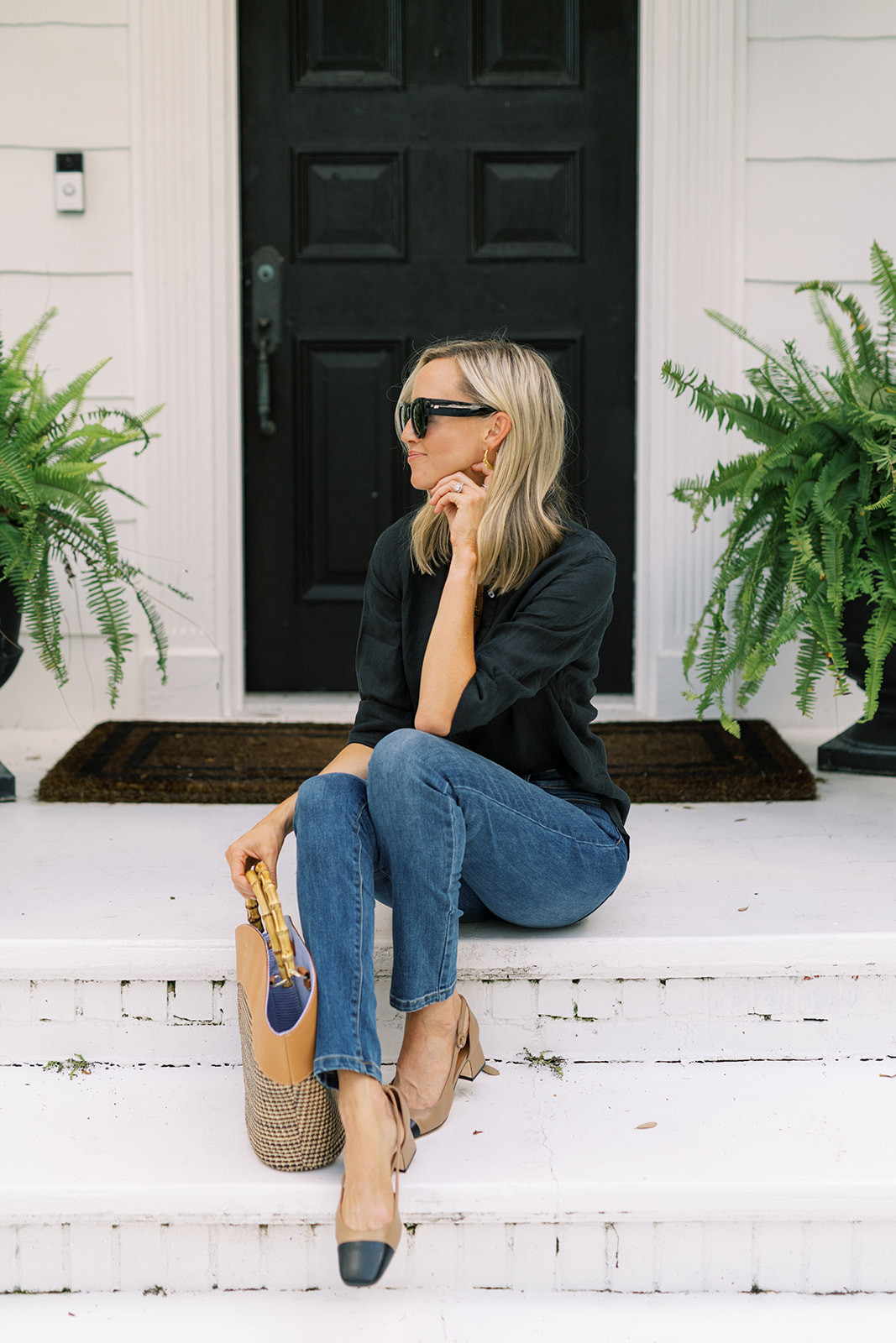 Fall look linen jmclaughlin, classic fall outfit, colorblock heels