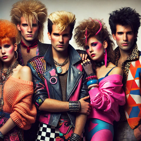 Iconic 80s pop stars with distinctive fashion, showcasing unique hairstyles, extravagant outfits, and bold accessories typical of the 1980s