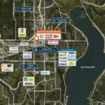 Aerial satellite map view of the area around Regency Center, Overlake Fashion Plaza showing major streets, retailers, landmarks and any Regency properties in the area