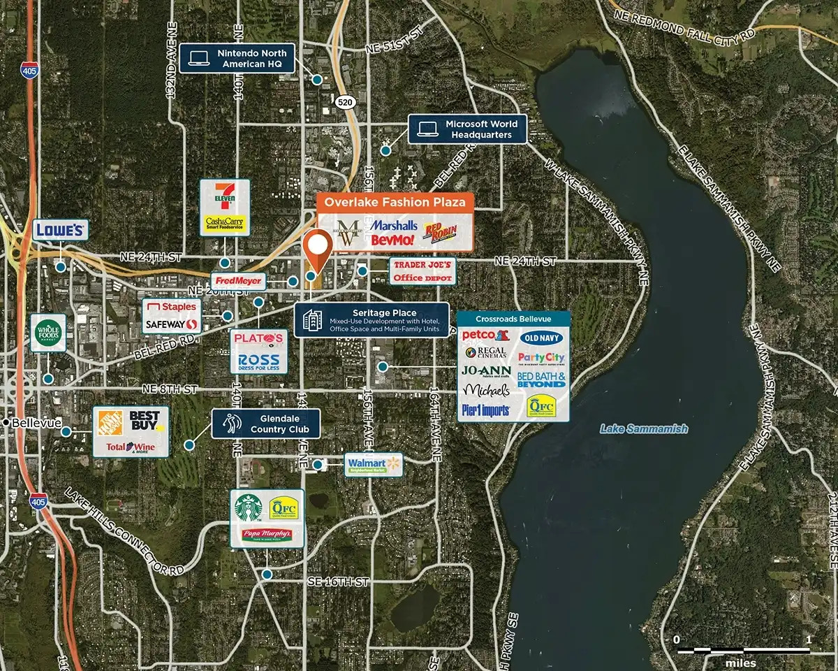 Aerial satellite map view of the area around Regency Center, Overlake Fashion Plaza showing major streets, retailers, landmarks and any Regency properties in the area
