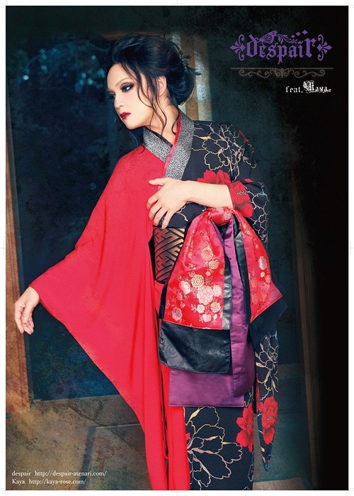 Vocalist Kaya wearing a kimono by despair, showcasing the brand's fusion of modern gothic and traditional Japanese 'wa' elements.