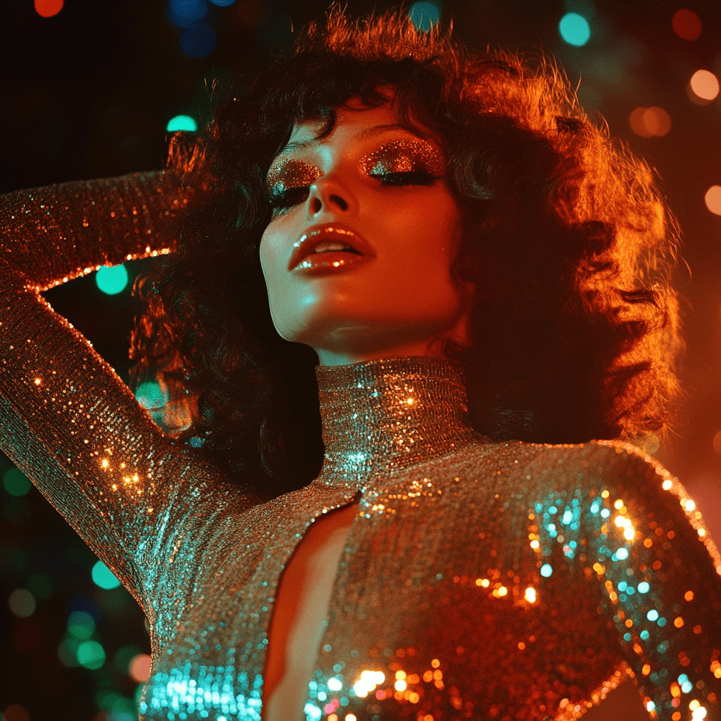 Embracing the essence of 70s glam: A fusion of bold colors, shimmering textures, and statement accessories