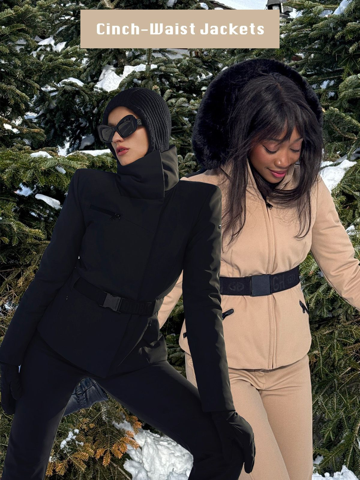 Women showcasing cinch-waist ski jackets.