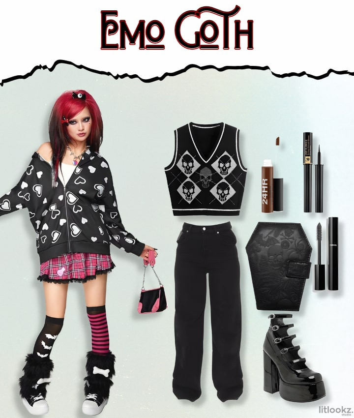 Emo Goth outfit with a heart-patterned hoodie, plaid skirt, and skull-themed accessories.