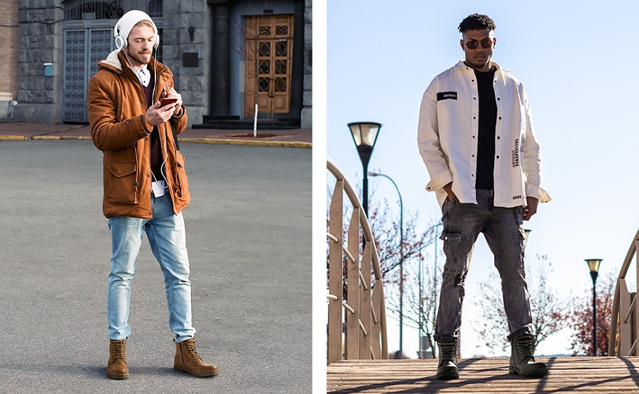 Men in combat boots and slim-fit jeans