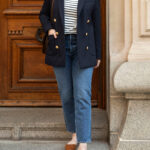 Sezane Navy Blazer, Agolde Riley Jeans, Alex Mill Striped Tee and Margaux Mules