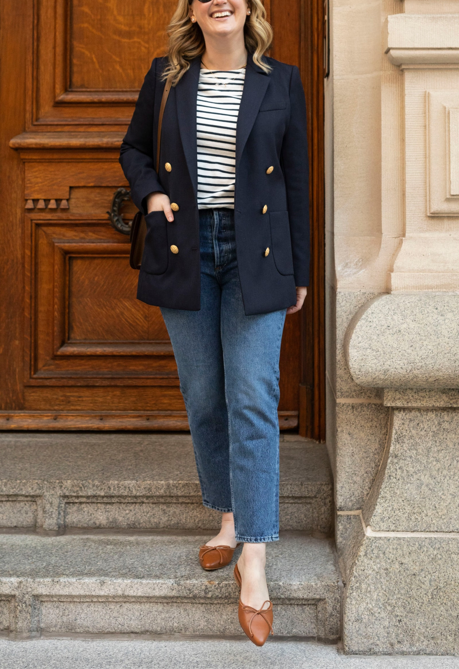 Sezane Navy Blazer, Agolde Riley Jeans, Alex Mill Striped Tee and Margaux Mules