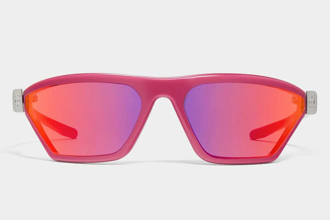 Front facing view of square neon pink sunglasses with pink tinted lenses