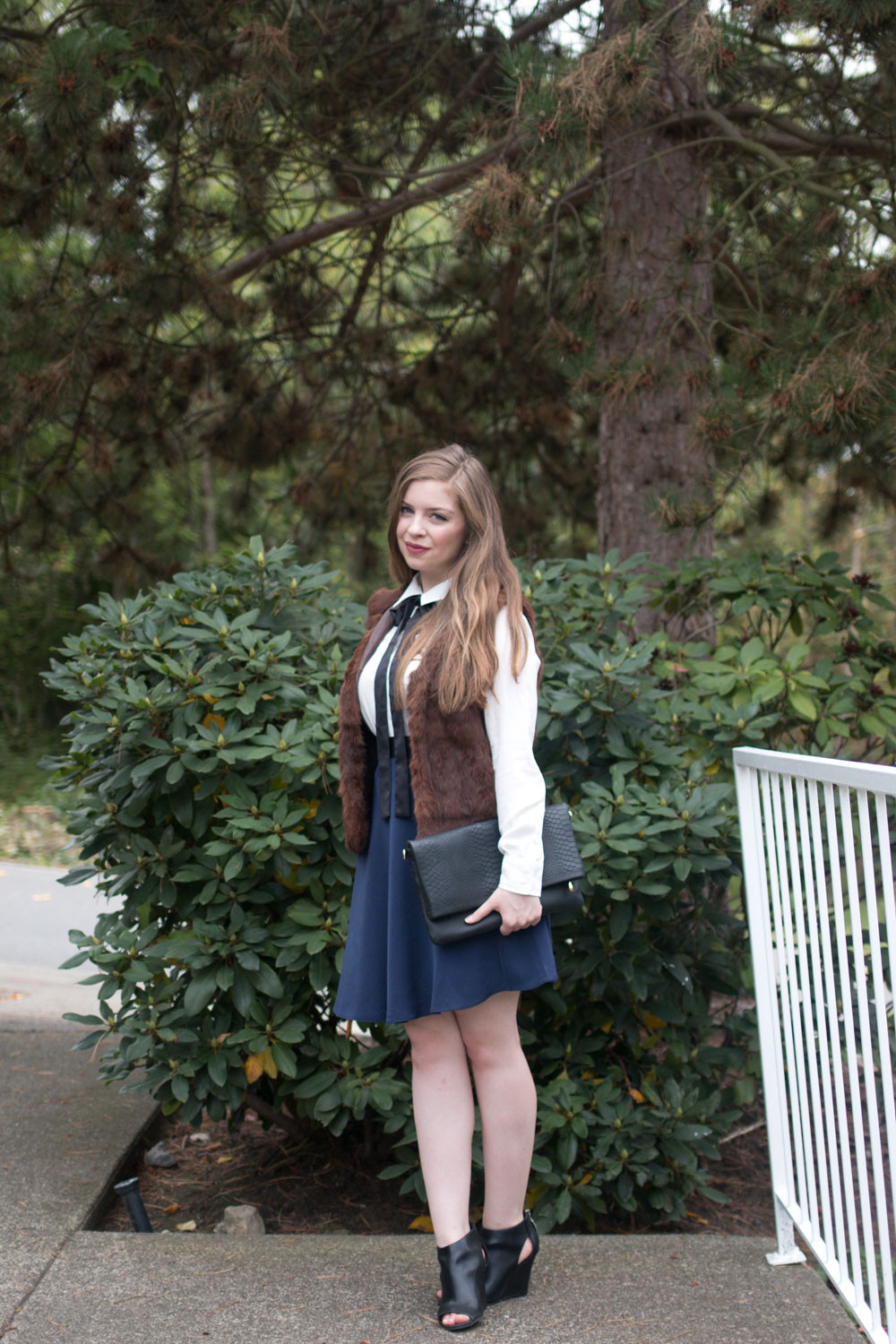 Fashion First Seattle What I Wore: Fur Vest with Silk Blouse & A-Line Skirt Outfit hellorigby seattle fashion blog