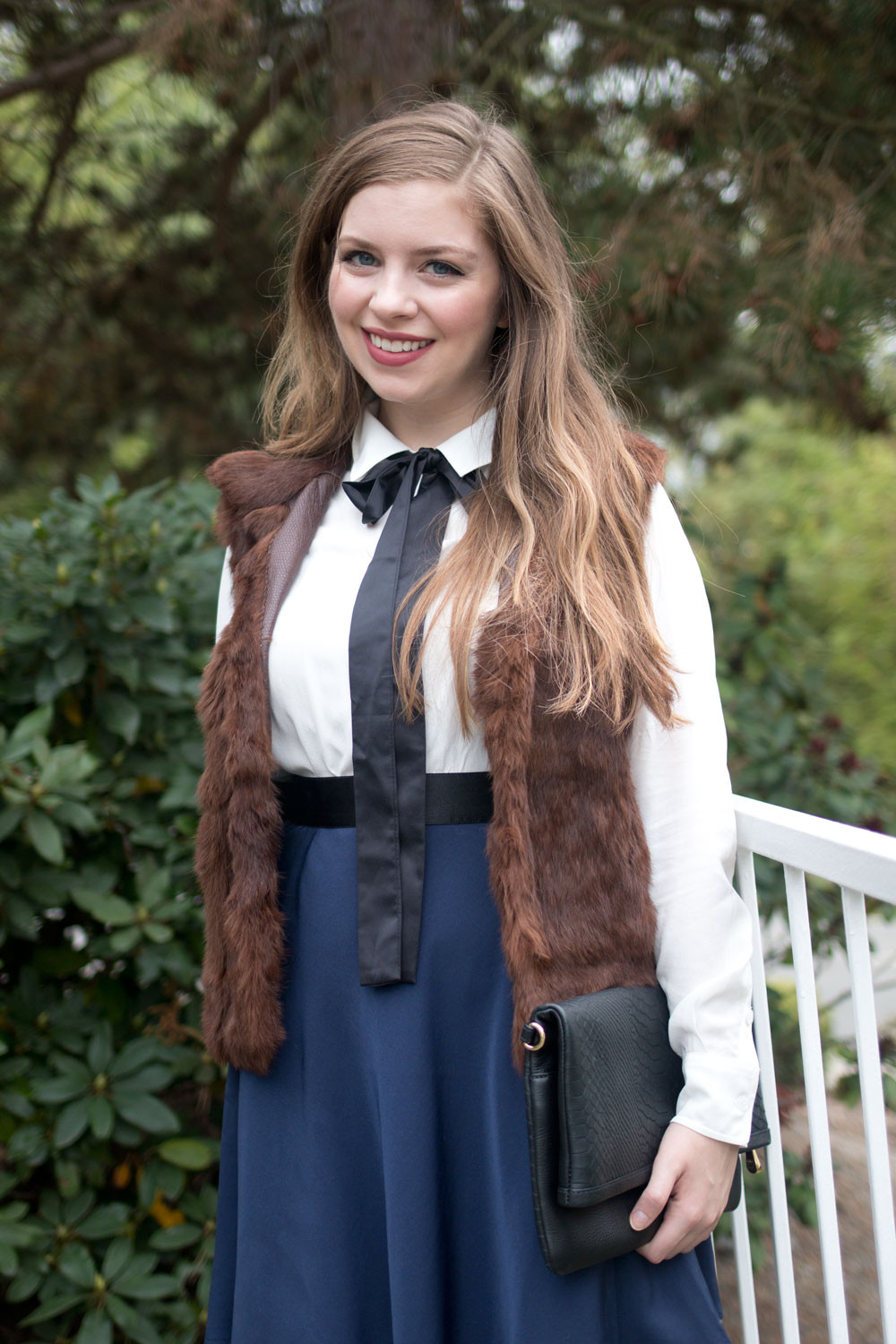 Fashion First Seattle What I Wore: Fur Vest with Silk Blouse & A-Line Skirt Outfit hellorigby seattle fashion blog