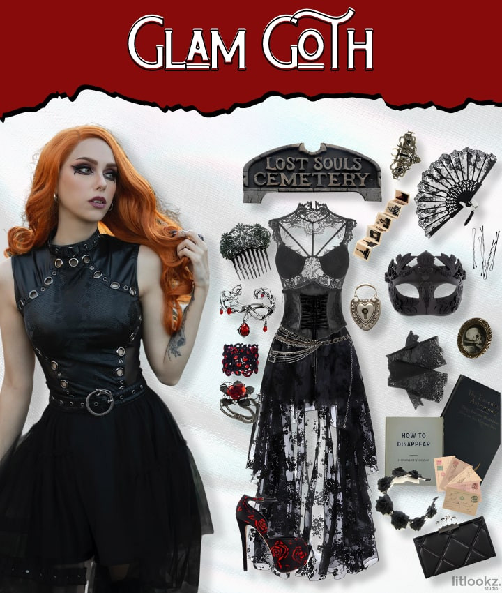 Glam Goth outfit with a black leather dress adorned with metal studs, paired with a lace corset and a black sheer skirt. Accessories include a gothic mask, a black lace fan, intricate jewelry, and a