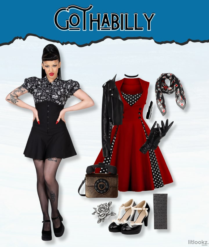 Gothabilly outfit featuring a polka dot dress, leather jacket, and vintage accessories.